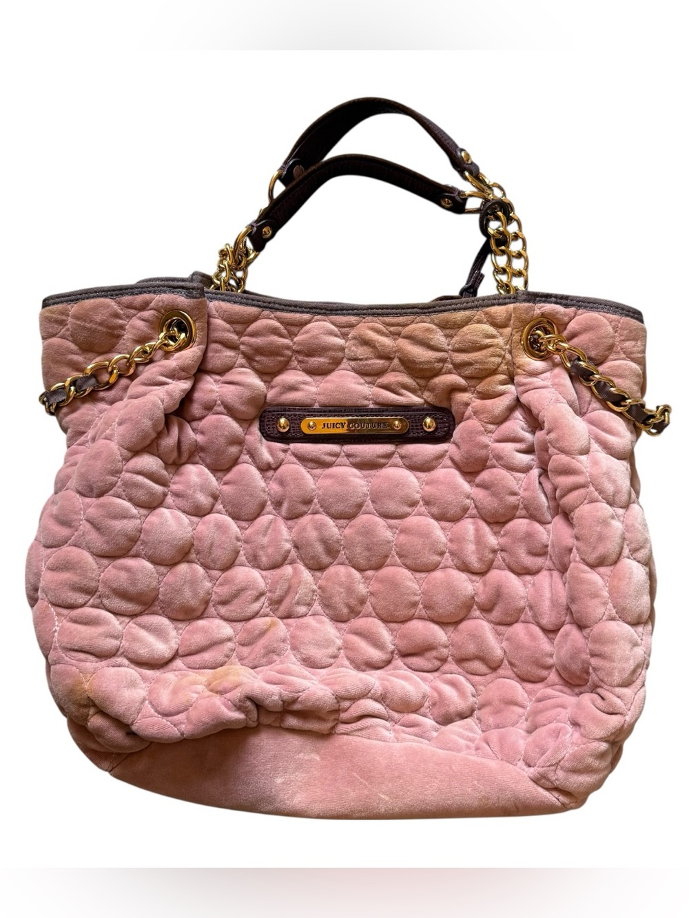 Juicy Couture Vintage Pink Velour Quilted Shoulder Bag Gold Chain Y2K Tote Read